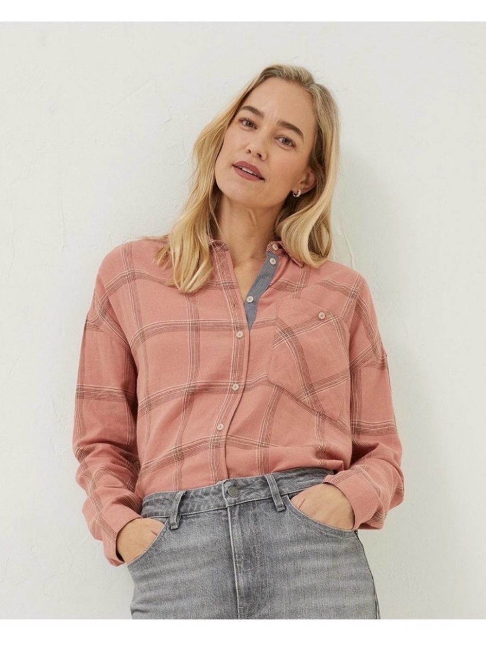 Fat Face Peach & Gray Linen Blend Plaid Womens Button Down Shirt Size 10 Relaxed